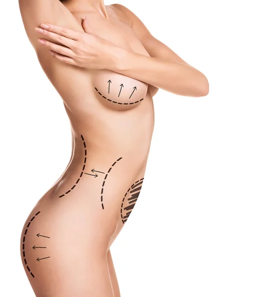 Female body with the drawing arrows — Stock Photo, Image