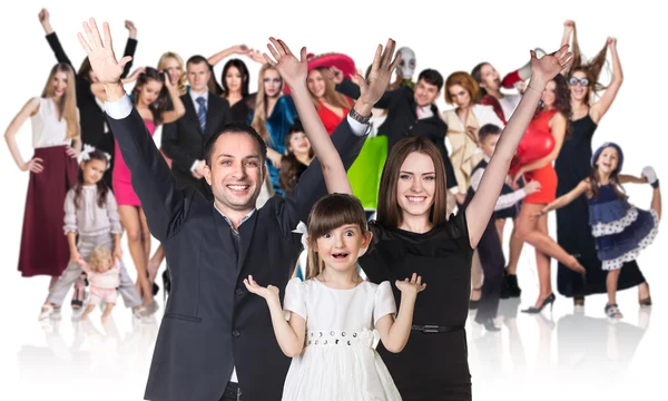 Business couple with little girl and big crowd — Stock Photo, Image