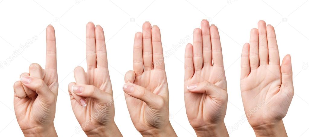 Woman hand shows with fingers from one to five