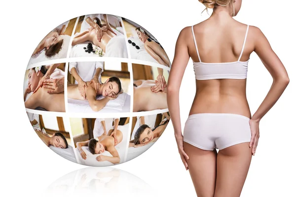 Woman in white underwear near collage ball — Stock Photo, Image