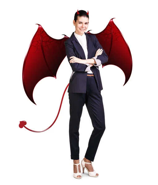 Business woman with devil wings and horns — Stock Photo, Image