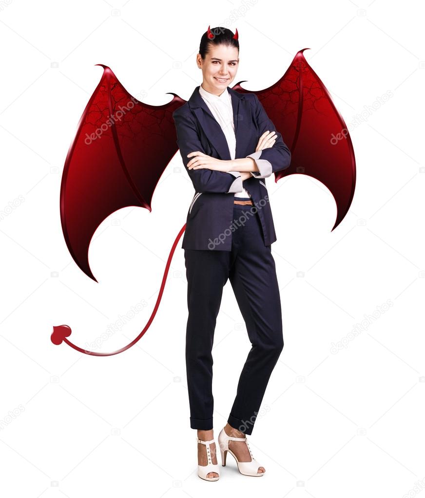Business woman with devil wings and horns