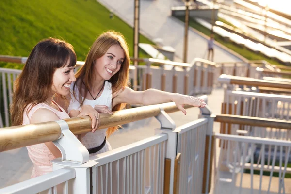 Две веселые девушки стоят на лестнице — стоковое фото