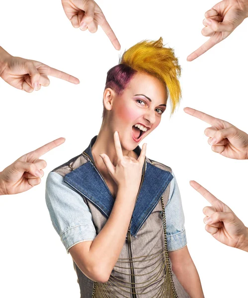 Many hands points on the pretty rocker woman — Stock Photo, Image