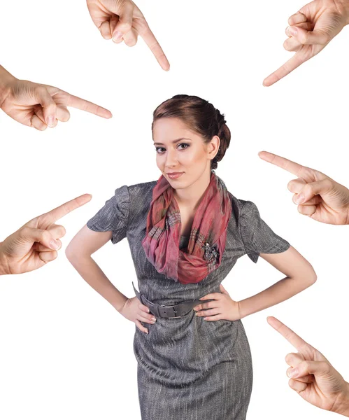 Many hands points on business woman — Stock Photo, Image