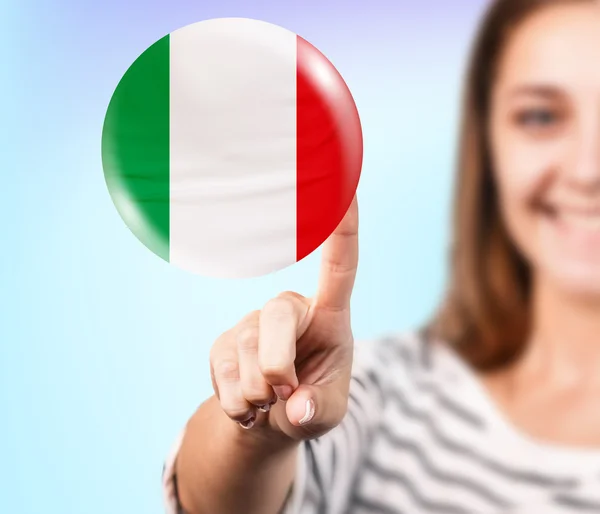 Woman point on the bubble with italian flag — Stock Photo, Image