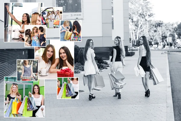 Flickvänner med shoppingväskor — Stockfoto