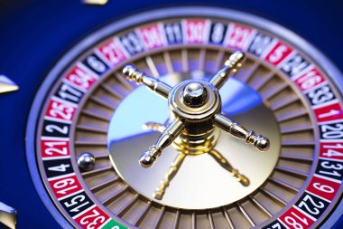 Kumarhane teması, ruleti kapat, kırmızı ve siyah numaralar. Mavi arkaplan.