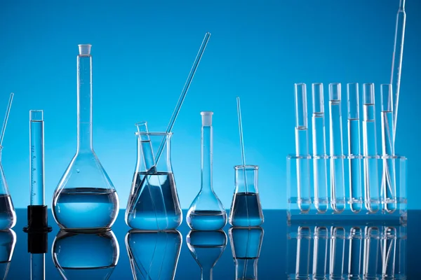 Science Concept Laboratory Equipment Composition Test Tubes Blue Background — Stock Photo, Image