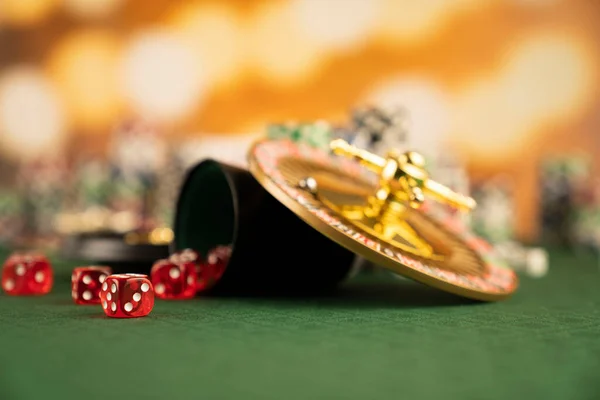 Casino Concept Roulette Wheel Poker Chips Dice Green Table Yellow — Stock Photo, Image