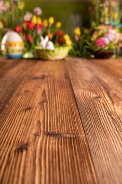 Paskalya teması. Paskalya yumurtaları. Renkli laleler. Paskalya sepetleri. Kırsal ahşap masa.. 