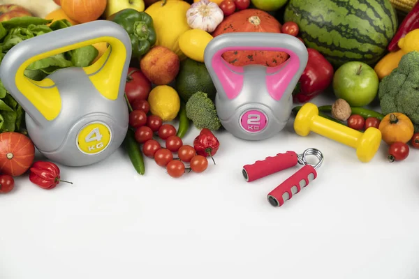 Conceito Aptidão Nutrição Saudável Frutas Legumes Equipamento Para Exercícios Fitness — Fotografia de Stock