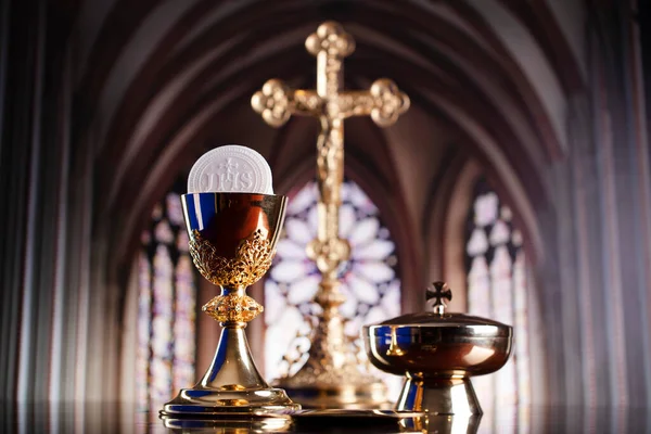 Första Nattvarden Katolsk Religion Tema Krucifix Croass Och Golden Kalk — Stockfoto