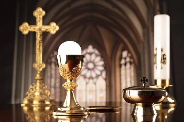 First Holy Communion. Catholic religion theme. Crucifix, the Cross and Golden chalice and wafer on the altar in the church.