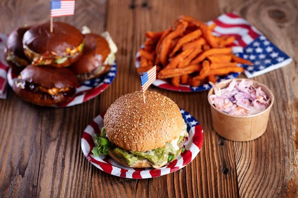 Fourth July Celebration American Flag Decorations Burgers Rustic Wooden Table — Stock Photo, Image