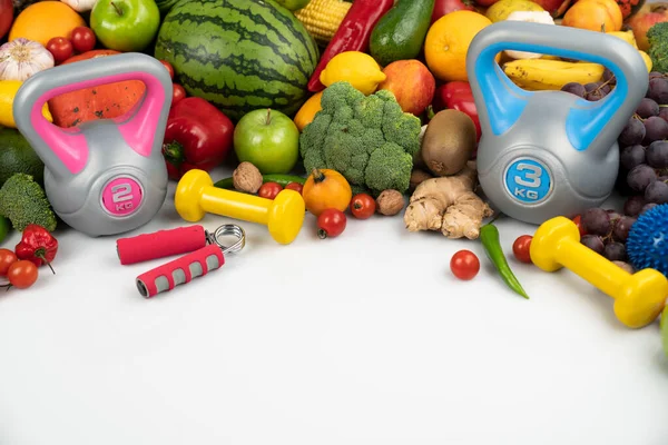 Conceptul Fitness Nutriție Sănătoasă Fructe Legume Echipament Pentru Exerciții Fitness — Fotografie, imagine de stoc