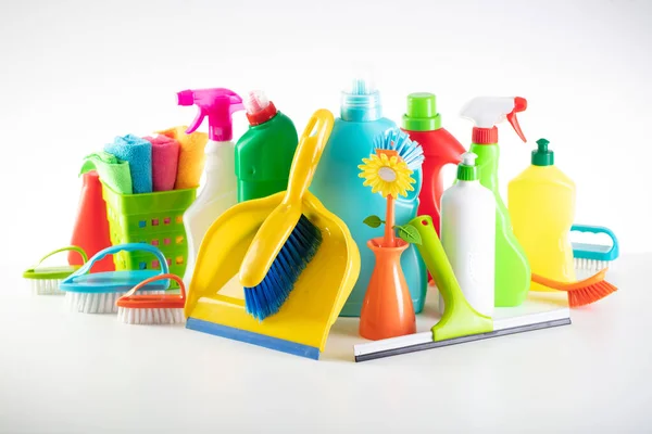 Summer Cleaning Colorful Set Bottles Clining Liquids Colorful Cleaning Kit — Fotografia de Stock