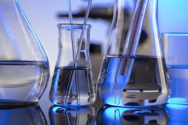 Laboratory Investigations Glass Tubes Beakers Blue Background — Stock Photo, Image