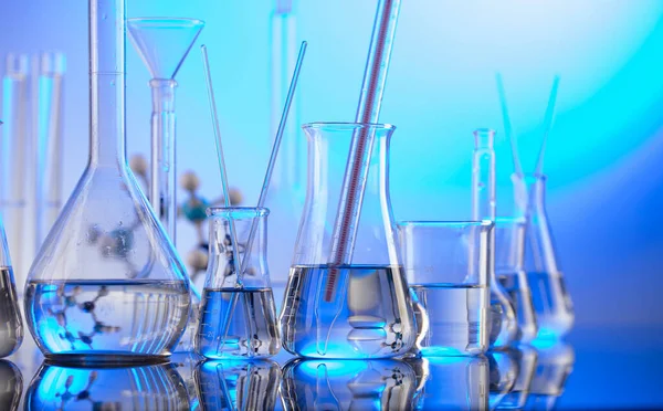 Laboratory Investigations Glass Tubes Beakers Blue Background — Stock Photo, Image