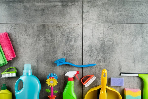 Autumn Cleaning Colorful Set Bottles Clining Liquids Colorful Cleaning Kit — Stock Photo, Image