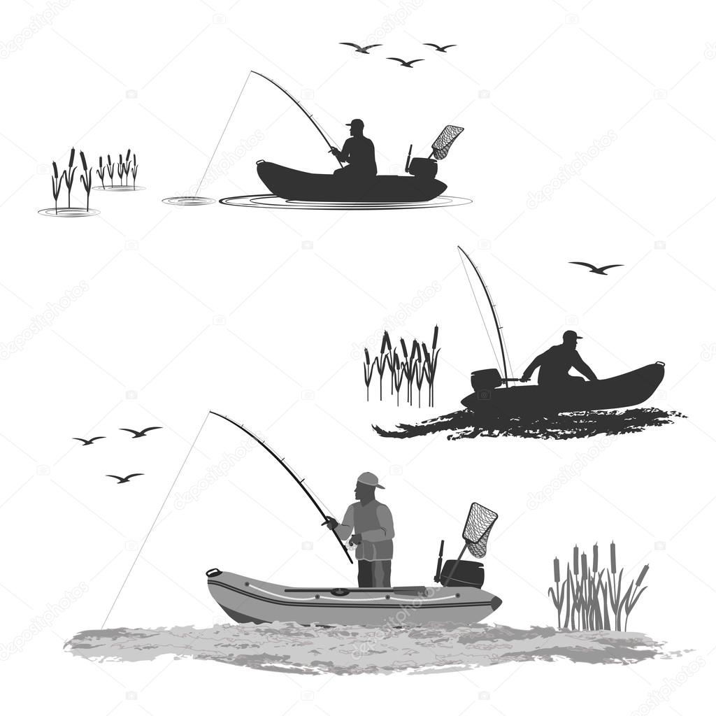 Club of fishermen in boats with a motor