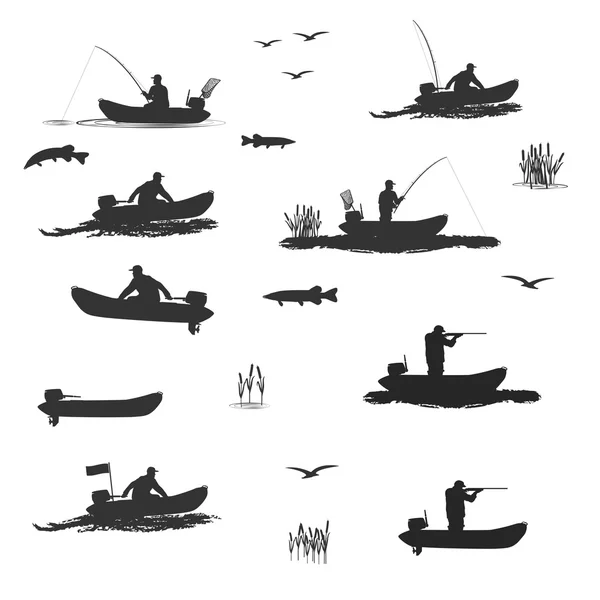 Verein von Fischern und Jägern auf Booten mit Motor — Stockvektor