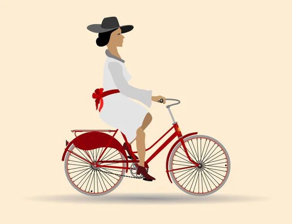 Mooie dame op een rode fiets — Stockvector