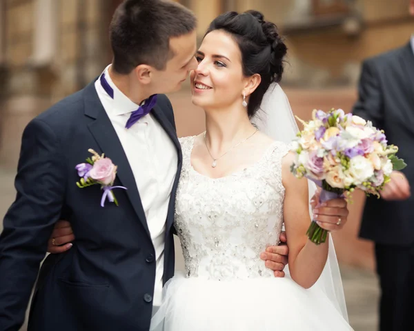 Hermosa novia y novio abrazando y besándose en su boda — Foto de Stock