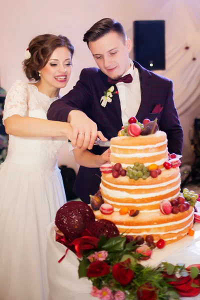 Nevěsta a ženich krájí dort — Stock fotografie