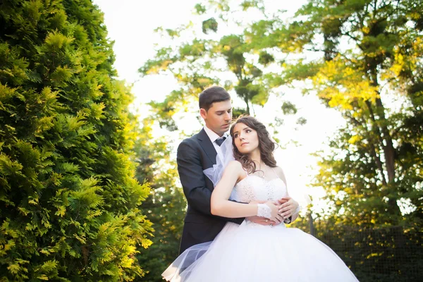 Mariée et marié le jour du mariage Promenade en plein air sur la nature printanière — Photo