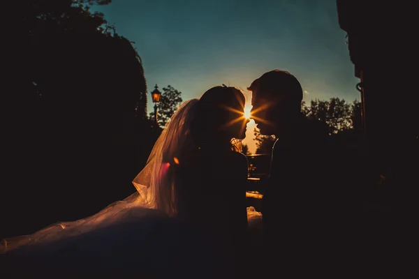 Silhueta casal beijos sobre por do sol fundo — Fotografia de Stock