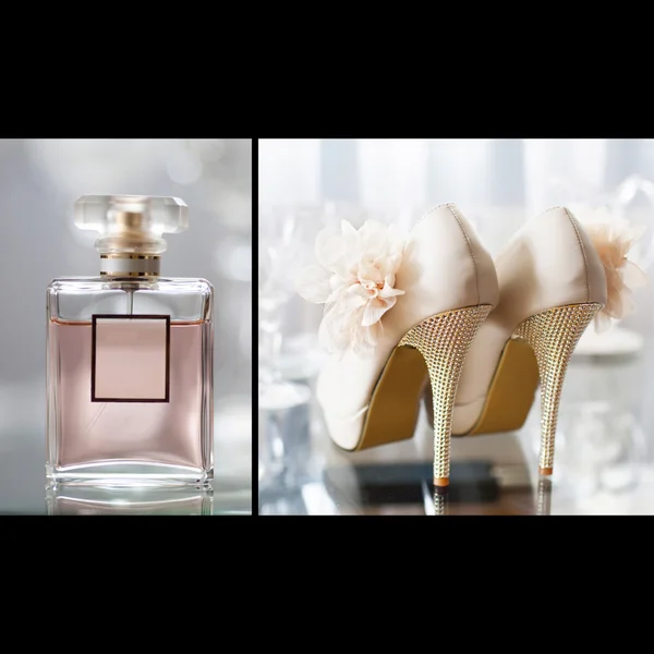 Wedding shoes and perfume on the table in the room of the bride — Stock Photo, Image