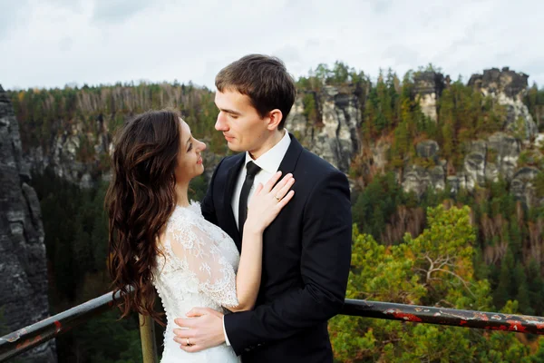 Lyxiga lyckliga brudparet eleganta kramar varandra med anbud på bakgrund av soliga klippor i fantastiska berg — Stockfoto