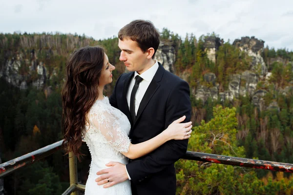 Lyxiga lyckliga brudparet eleganta kramar varandra med anbud på bakgrund av soliga klippor i fantastiska berg — Stockfoto