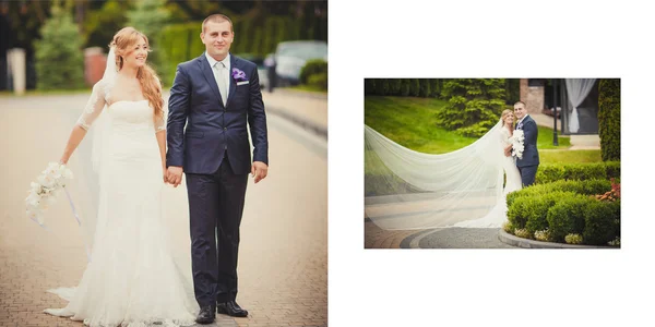 Pengantin wanita dan pengantin pria pada hari pernikahan berjalan di luar ruangan pada musim semi alam — Stok Foto