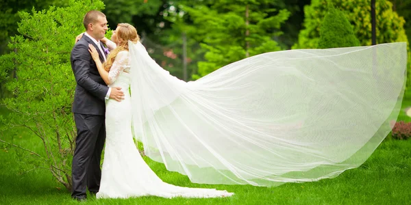 Una joven pareja de recién casados posando en Park. viento levantamiento largo bri —  Fotos de Stock