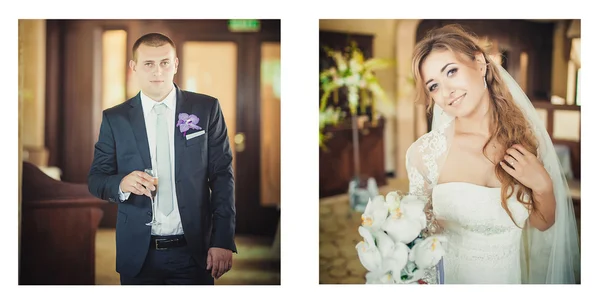 Happy bride and groom in the modern hotel hall — Stock Photo, Image