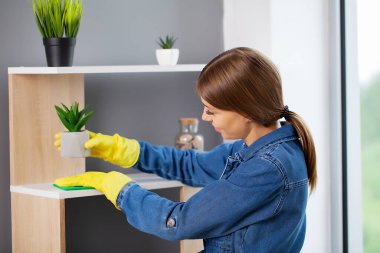 Ofisinde temizlik malzemeleri olan üniformalı güzel bir kadın.
