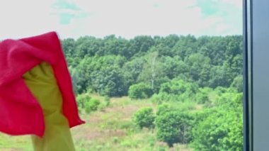 Pencereleri süngerle temizleyen genç bir kadın.