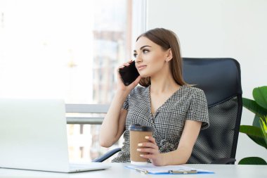 Güzel bir iş kadını ofiste dizüstü bilgisayarla çalışıyor.