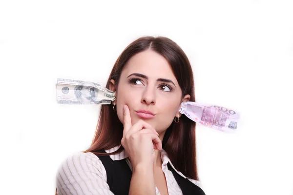 Business woman thinking. Money in the ears — Stock Photo, Image