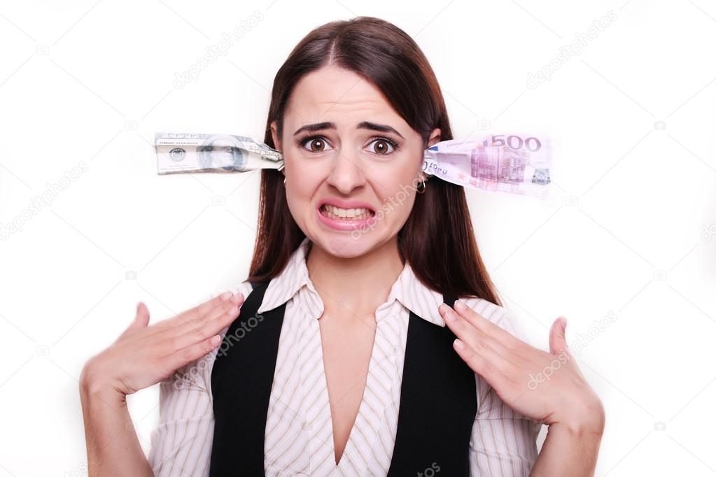 business woman holding money in the ears
