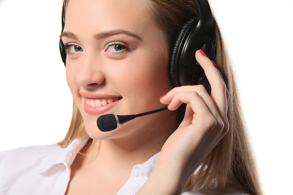 Smiling call center young woman ready for support and contact, i — Stock Photo, Image