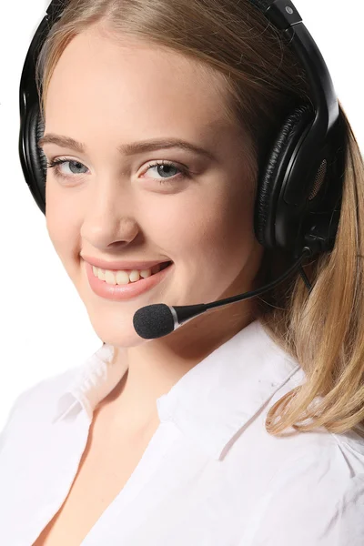 Support phone operator in headset, isolated on white — Stock Photo, Image