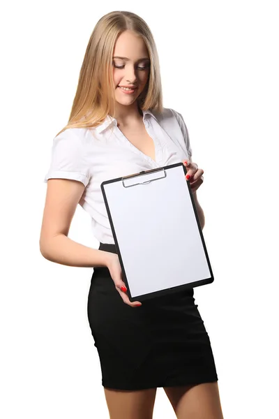 Happy smiling cheerful young businesswoman with clipboard, isola — Stock Photo, Image