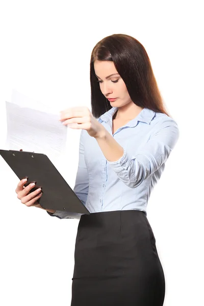 Feliz sonriente joven hermosa mujer de negocios con portapapeles escrito — Foto de Stock