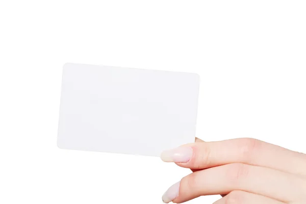 Kadın el iş kartı, kredi kartı, boş kağıt veya oth tutun — Stok fotoğraf