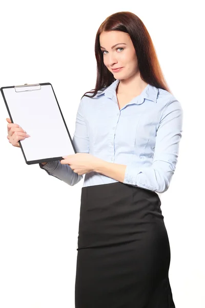 Businesswoman happy smile writing on clipboard sign up contract, Stock Picture