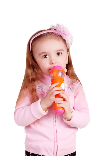 Cute kid playing with colorful toys, isolated over white — Stock Photo, Image