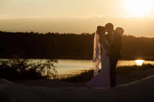 Noivo e noiva está abraçando e beijando no fundo beautif — Fotografia de Stock